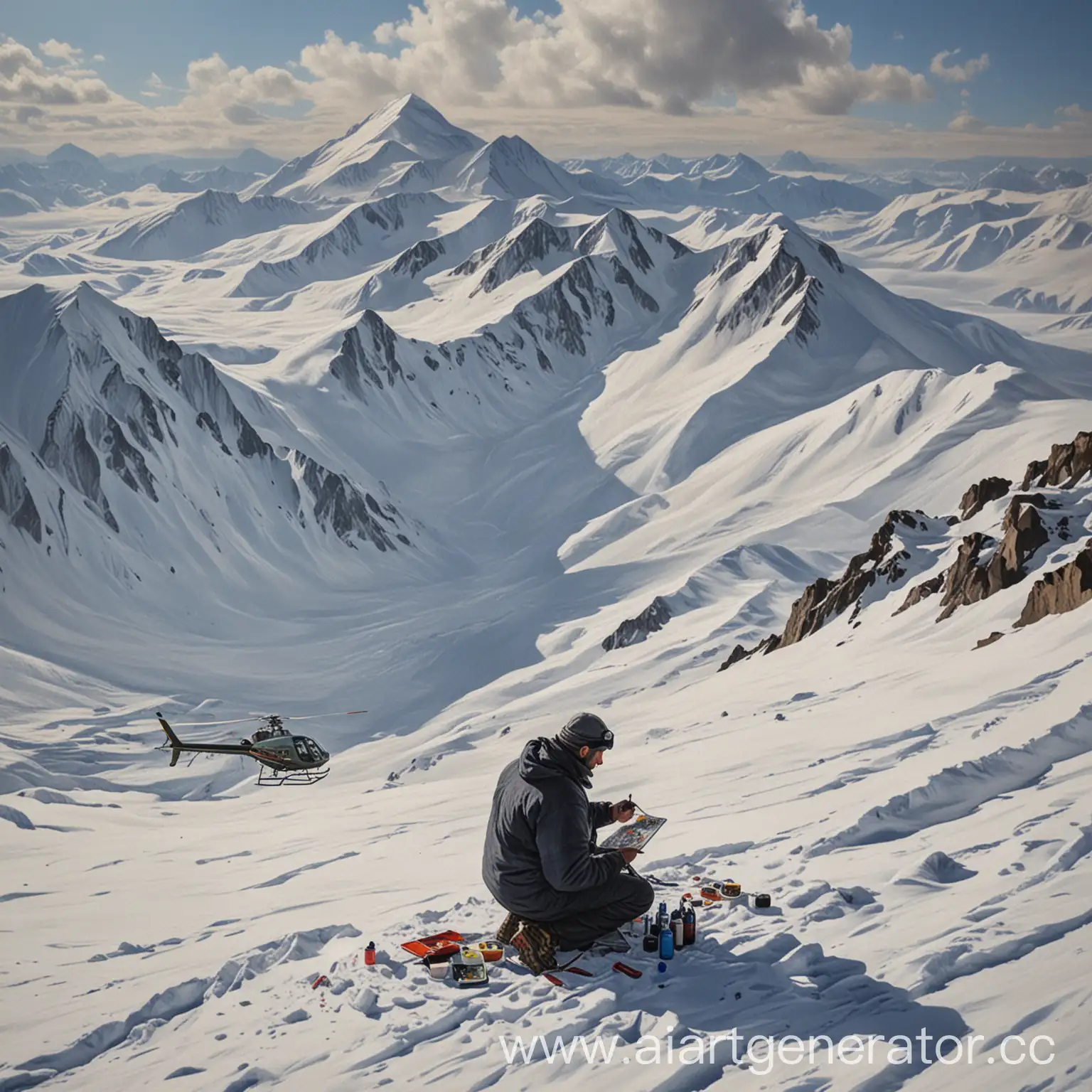 Artist-Painting-on-Elbrus-Slope-from-Helicopter