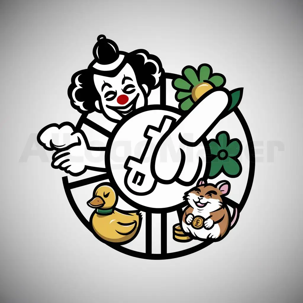 a logo design,with the text "Blum", main symbol:Clown-mime, Blum (Black-and-white Bitcoin) finger, giant pointing at green flower. Yellow cat duck in the corner and hamster with coin,complex,be used in Finance industry,clear background