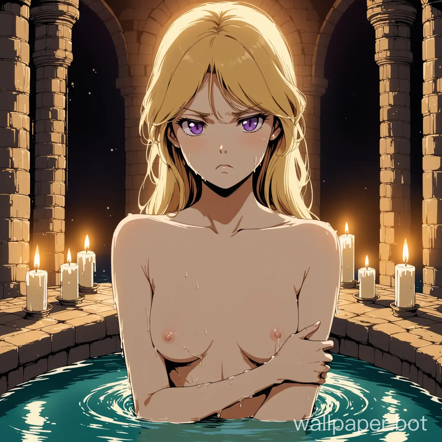 scene of a beautiful naked young blonde woman bathing in a roman bathhouse, underwater up to her chest, water up to her navel, she is grimy and gross, dirty and unhygienic, she is thin and elegant, youthful face, thin and elegant face, pouting, she is angry and embarrassed, arms crossed, slender elegance, long messy disheveled golden-blonde hair that is parted in the middle,  violet eyes, she is slender and sexy, 1980s retro anime, medieval elegance, castle interior, dimly lit, flat colors, candlelight, pale skin