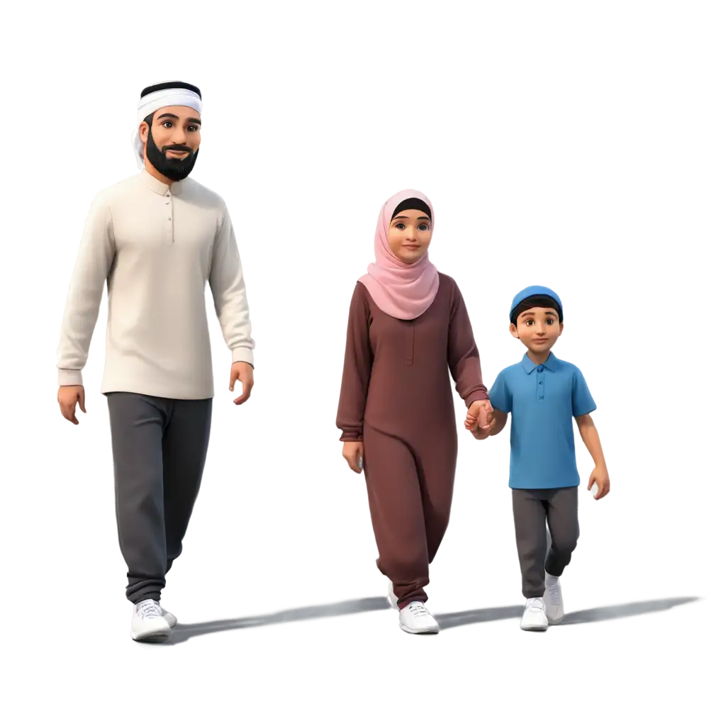 cartoon family muslim sport walking