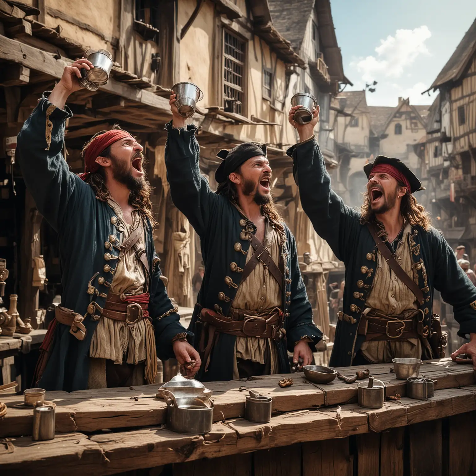 Drei Piraten auf einem Mittelalterlichen Marktplatz heben ihre Becher in die Höhe und grölen.
Eine Piratin. 