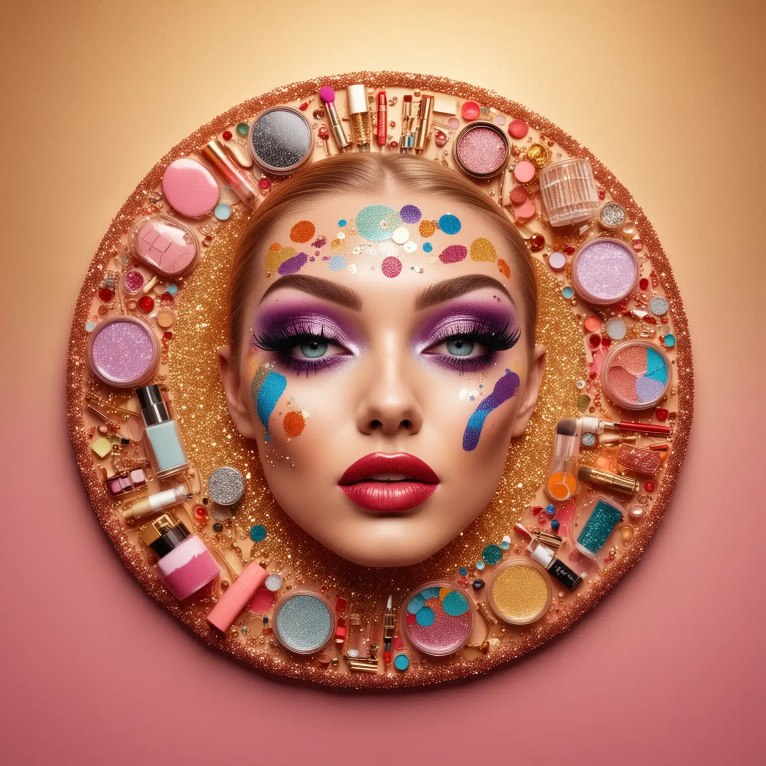 vibrant colorful collage of makeup bdsm  supplies with glitter and diamonds pop art style with a gold smoke background , make it a circle round logo