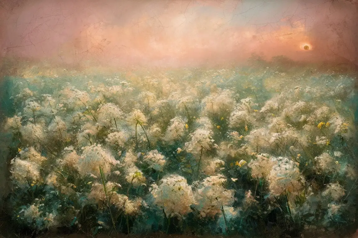 Vintage White Flower Field Oil Painting Serene Landscape Artwork with Delicate Blossoms
