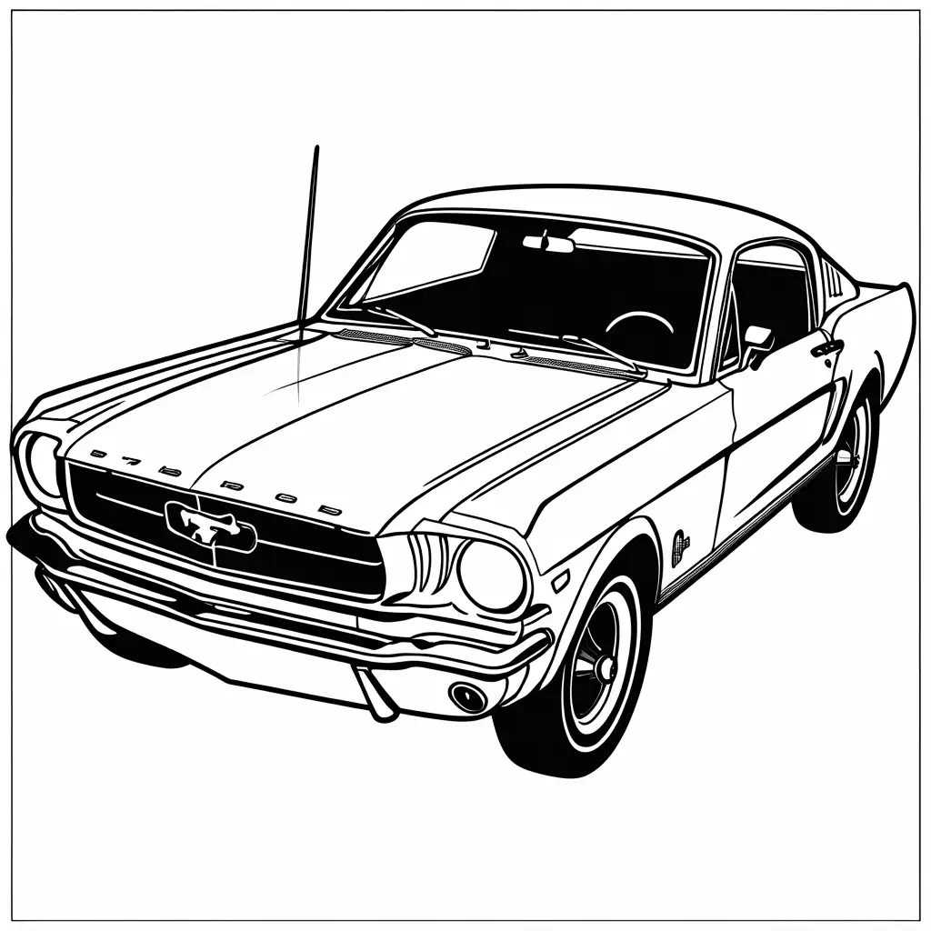 First Ford Mustang from 1965 car coloring page, Coloring Page, black and white, line art, white background, Simplicity, Ample White Space. The background of the coloring page is plain white to make it easy for young children to color within the lines. The outlines of all the subjects are easy to distinguish, making it simple for kids to color without too much difficulty