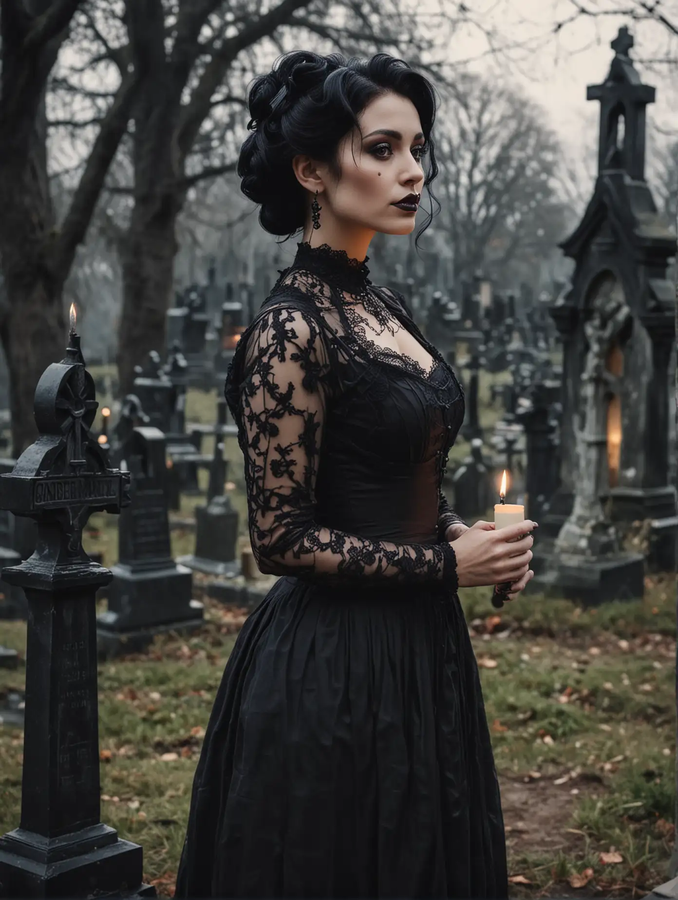 Beautiful Edwardian era woman, black hair in updo, dark gothic vibes, graveyard in background, holding candle