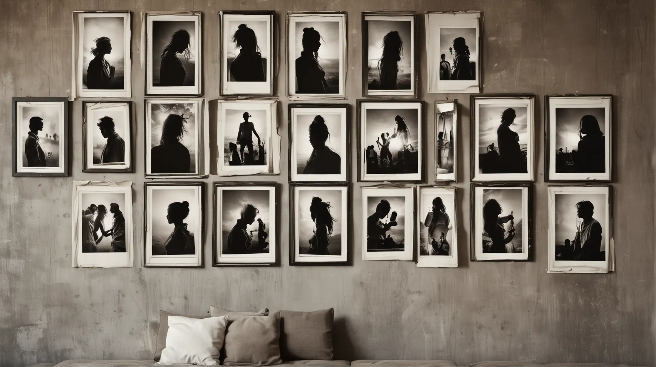 Generate an image of a photo gallery on a wall, there should be silhouettes of people in the images. The photos should be pinned on a board. Should have a clean modern look.