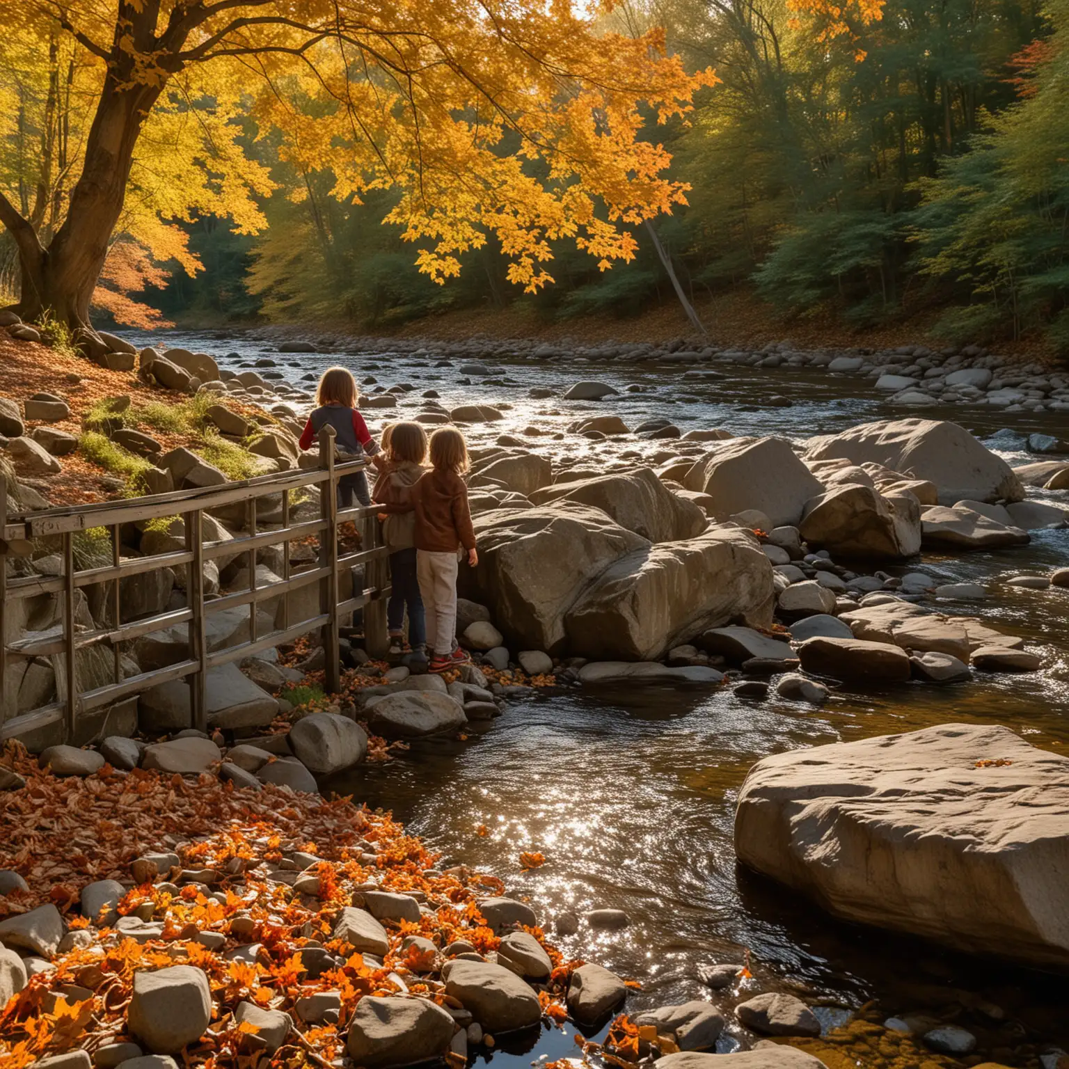Children-Playing-by-Stream-with-Maple-Leaves-in-Evening-Sunlight