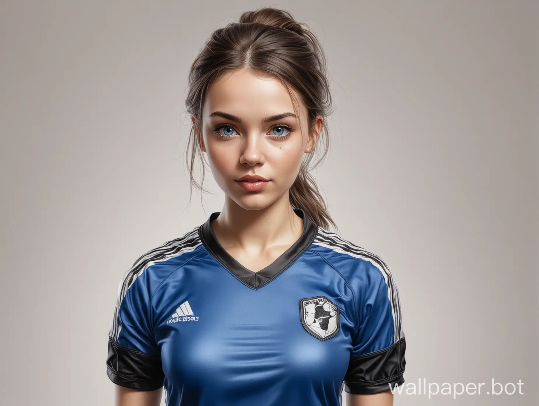Sketch Julia Snigir 25 years with a 4th breast size narrow waist in Black-Blue soccer uniform on a white background highly realistic masterpiece drawing with a liner portrait 16K