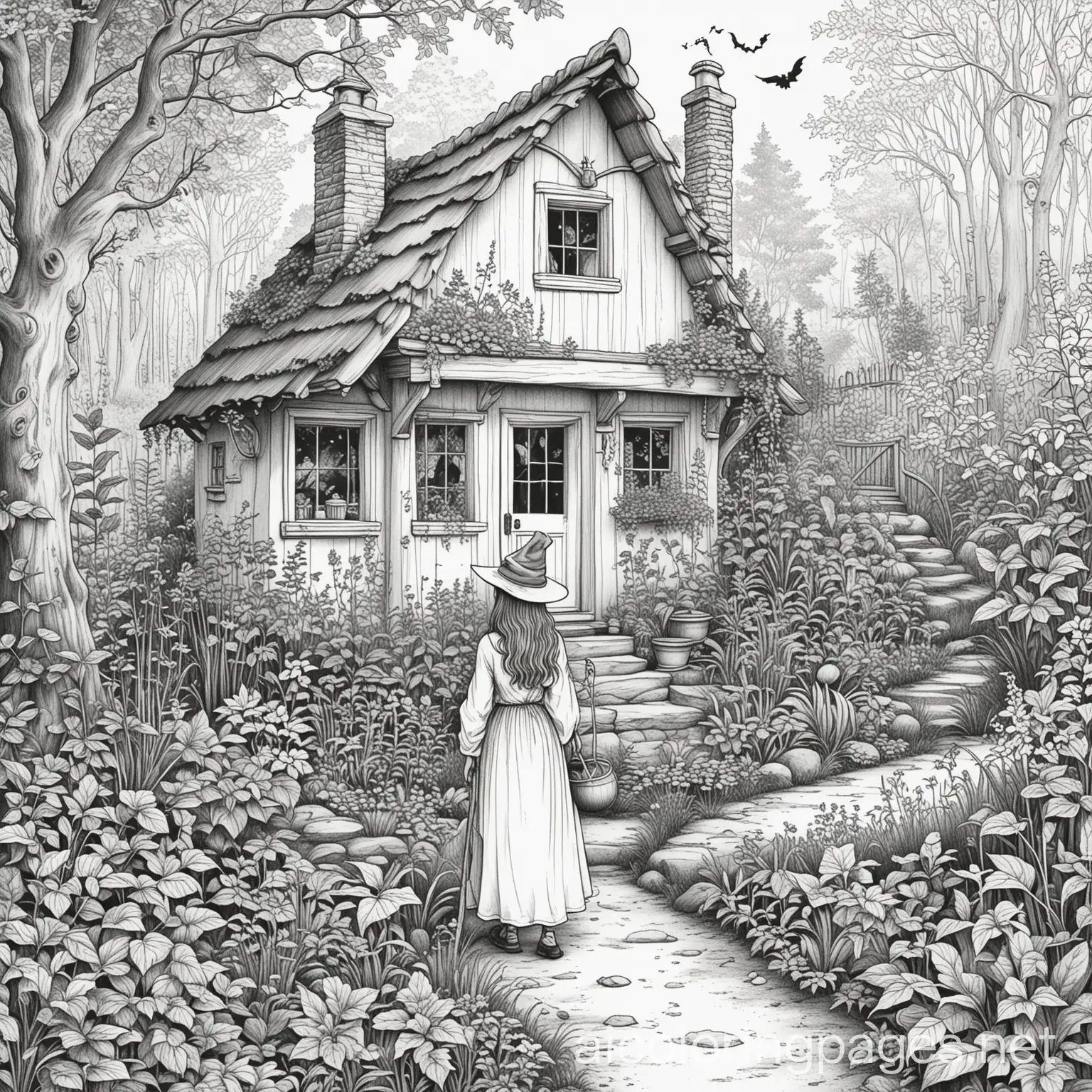 A witch living in a cottage deep in the woods, her garden filled with enchanted plants, Coloring Page, black and white, line art, white background, Simplicity, Ample White Space. The background of the coloring page is plain white to make it easy for young children to color within the lines. The outlines of all the subjects are easy to distinguish, making it simple for kids to color without too much difficulty