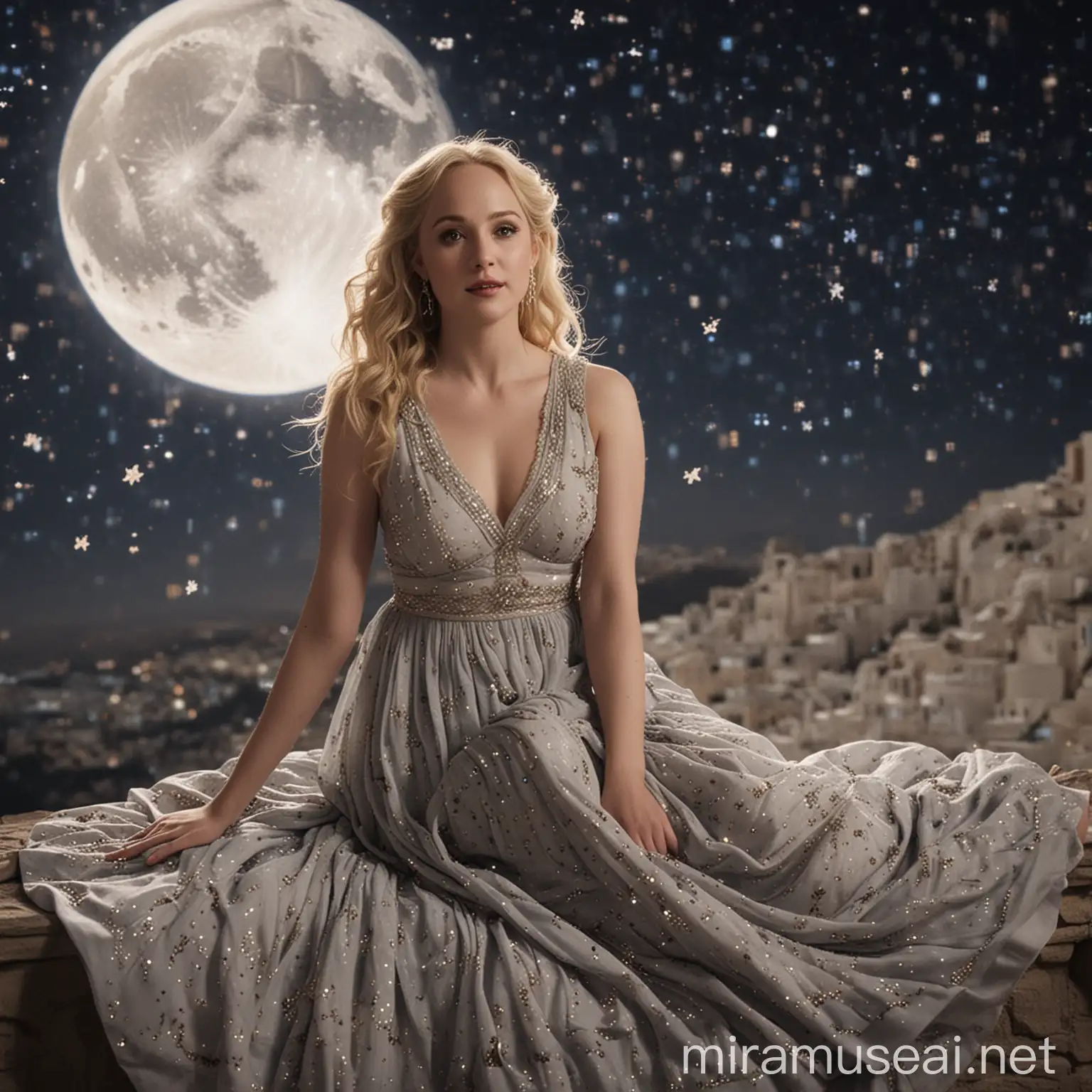 Masterpieced, Candice Accola young, she is sitting on the crescent moon, skynight, stars, semitransparent Greek dress
