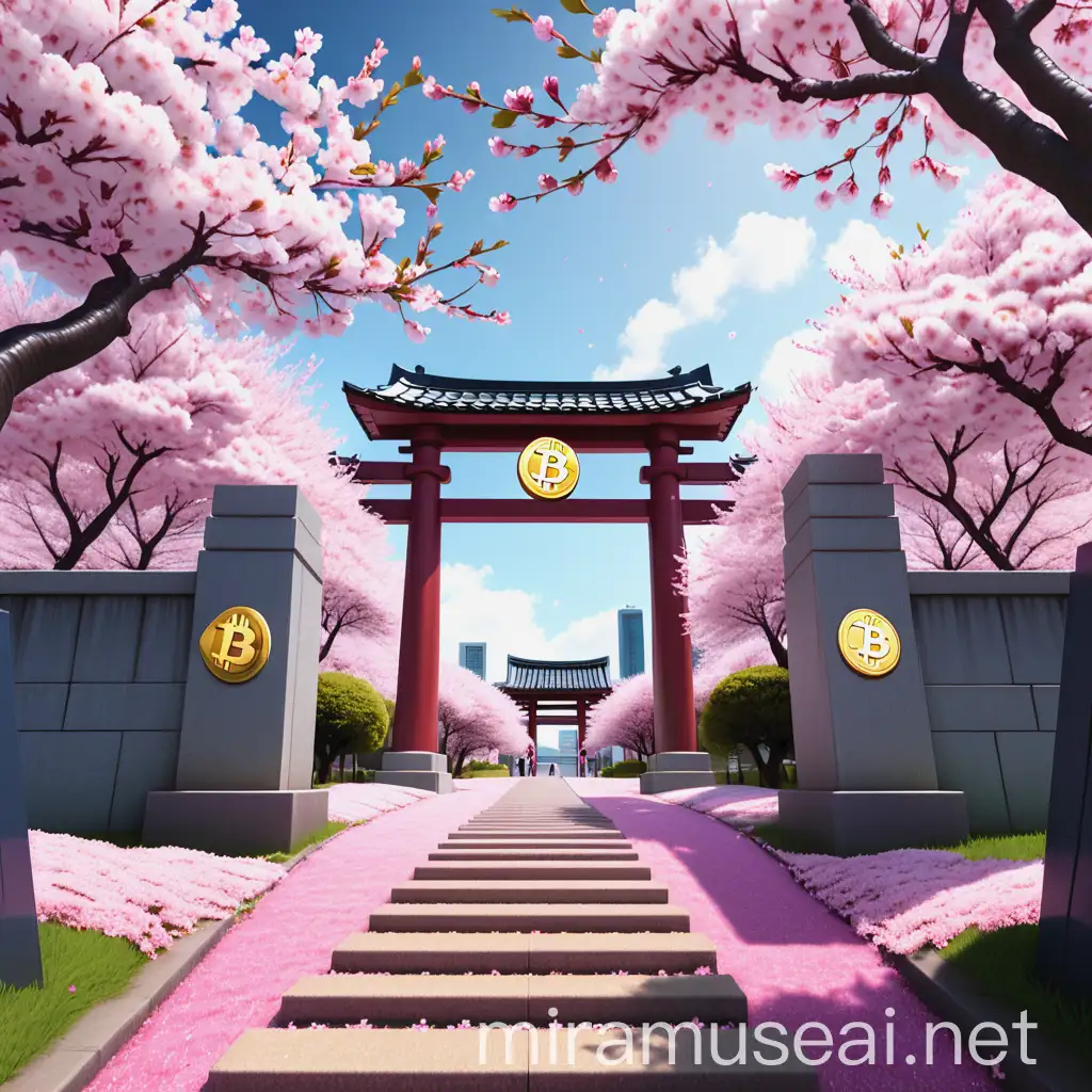 Gateway with Sakura Blossoms and Bitcoins
