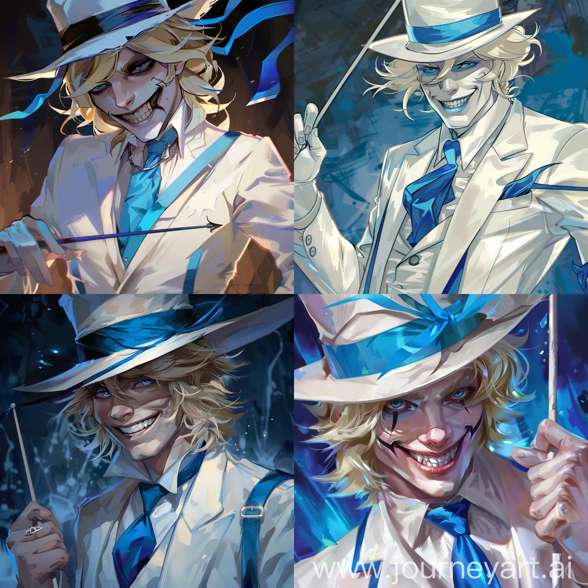 Male, White skin, blonde hair, human body, white suit with blue straps, blue tie, white hat with blue ribbon, sharp teeth, smiling, magic stick, Hazbin hotel art style
