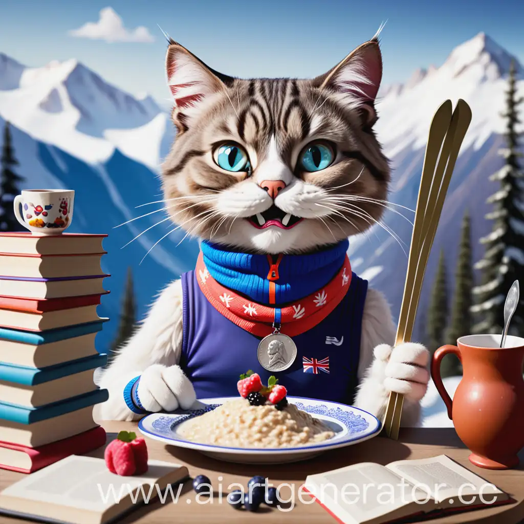 Sporty-Mustachioed-Cat-Eating-Porridge-with-Berries-Amid-Mountainous-Ambiance