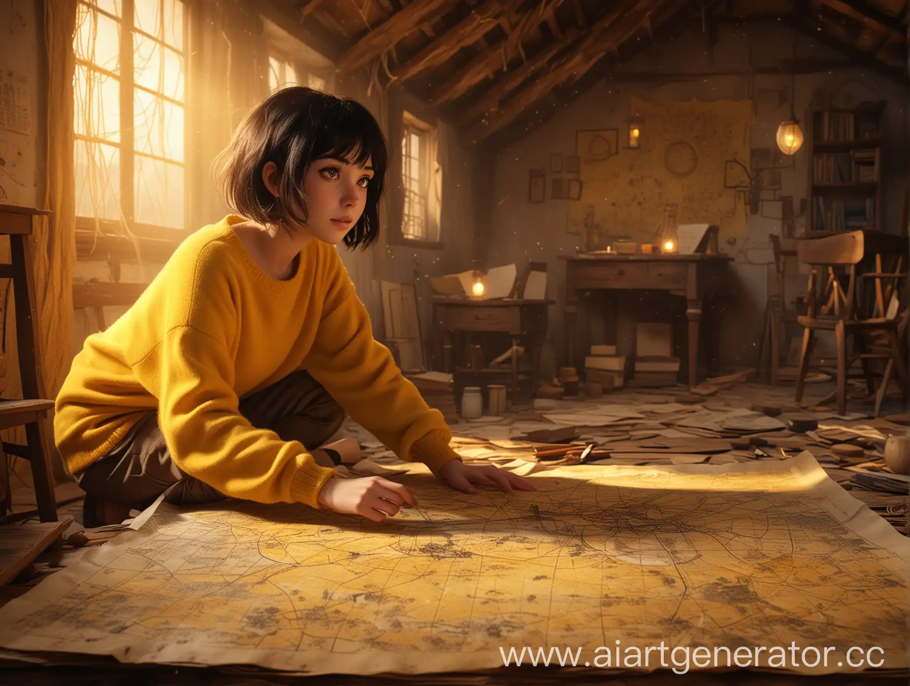 Curious anime girl with short black hair and wide brown eyes, wearing a yellow sweater, discovers a glowing ancient map in a dusty attic. Golden light emanates from the unfurled parchment, illuminating cobwebs and old furniture around her. Dust particles dance in the magical glow