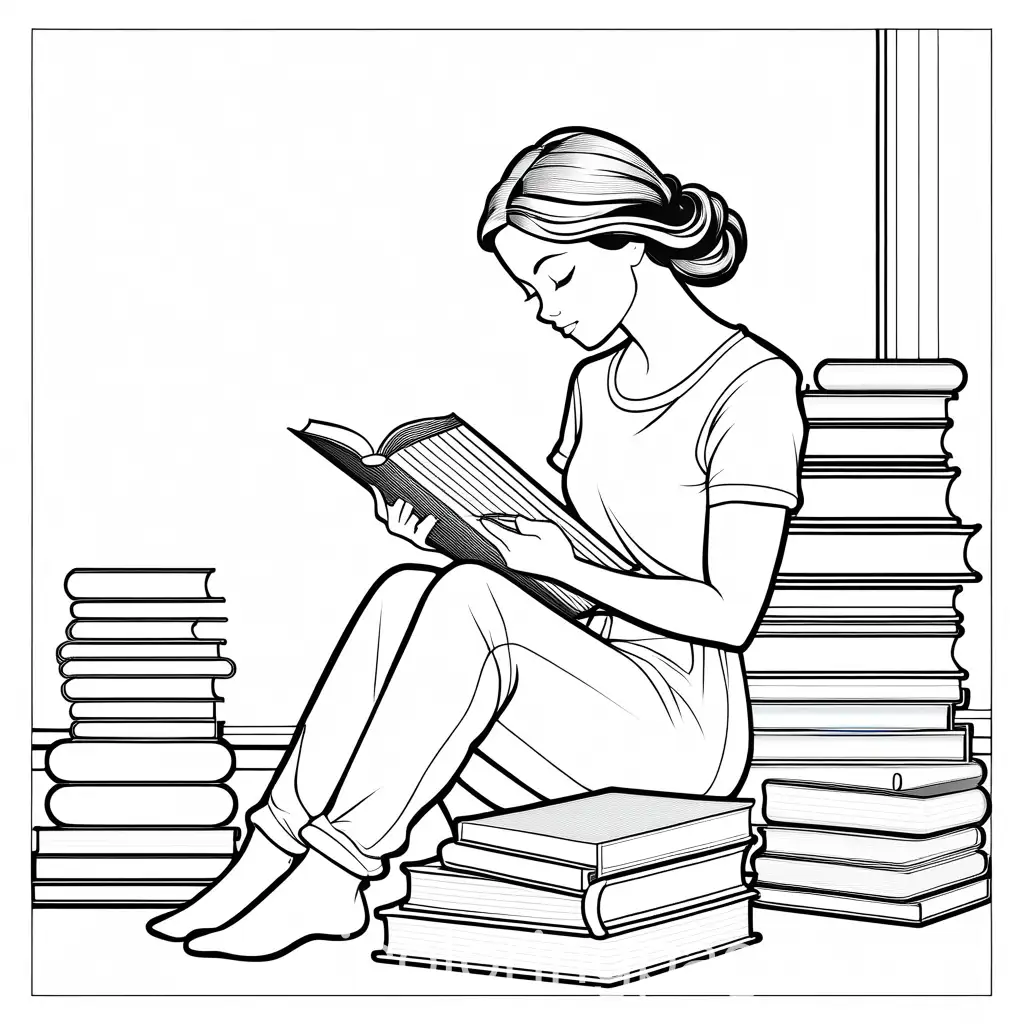 chica leyendo un libro, Coloring Page, black and white, line art, white background, Simplicity, Ample White Space. The background of the coloring page is plain white to make it easy for young children to color within the lines. The outlines of all the subjects are easy to distinguish, making it simple for kids to color without too much difficulty