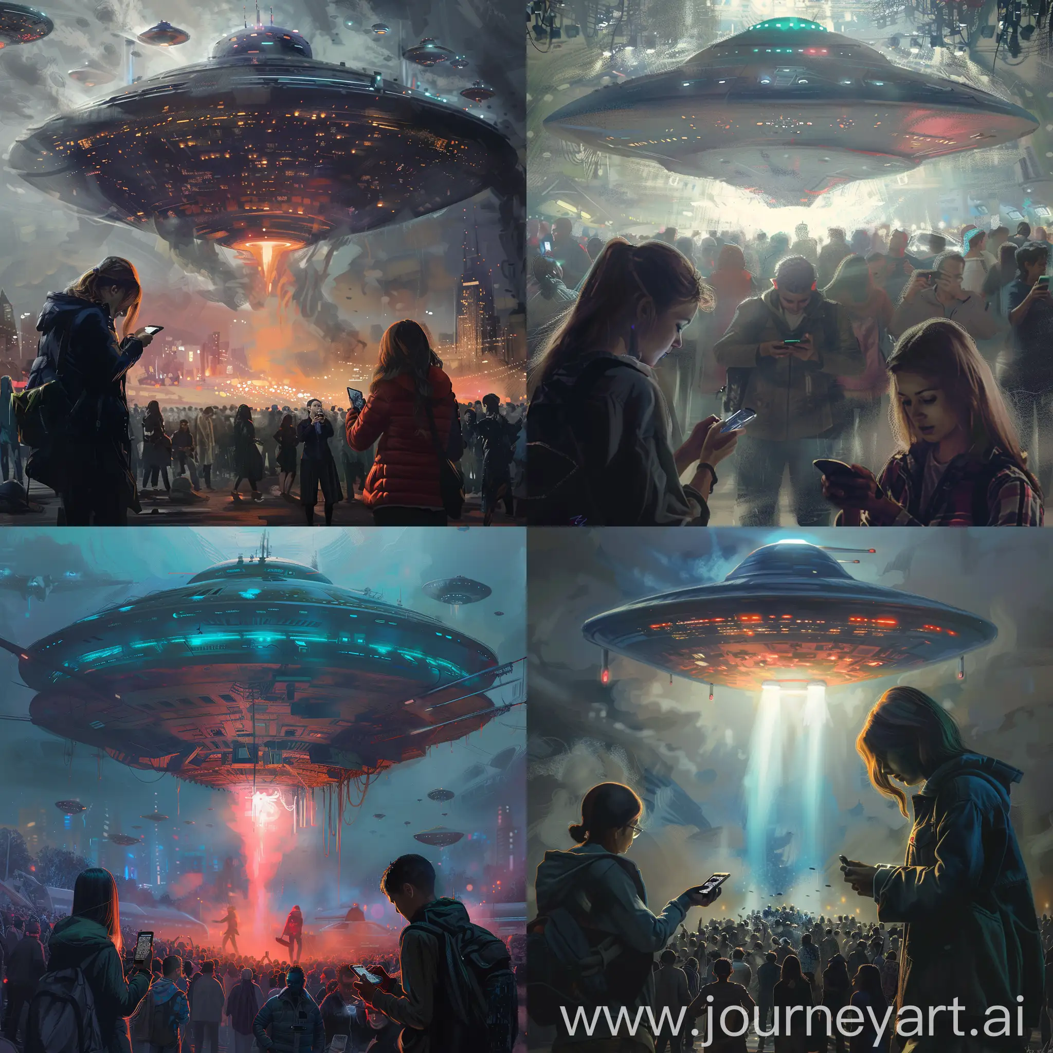 Vibrant-HyperRealistic-Art-Giant-UFO-Captivates-Crowds-with-PhoneDistracted-Duo-in-Foreground
