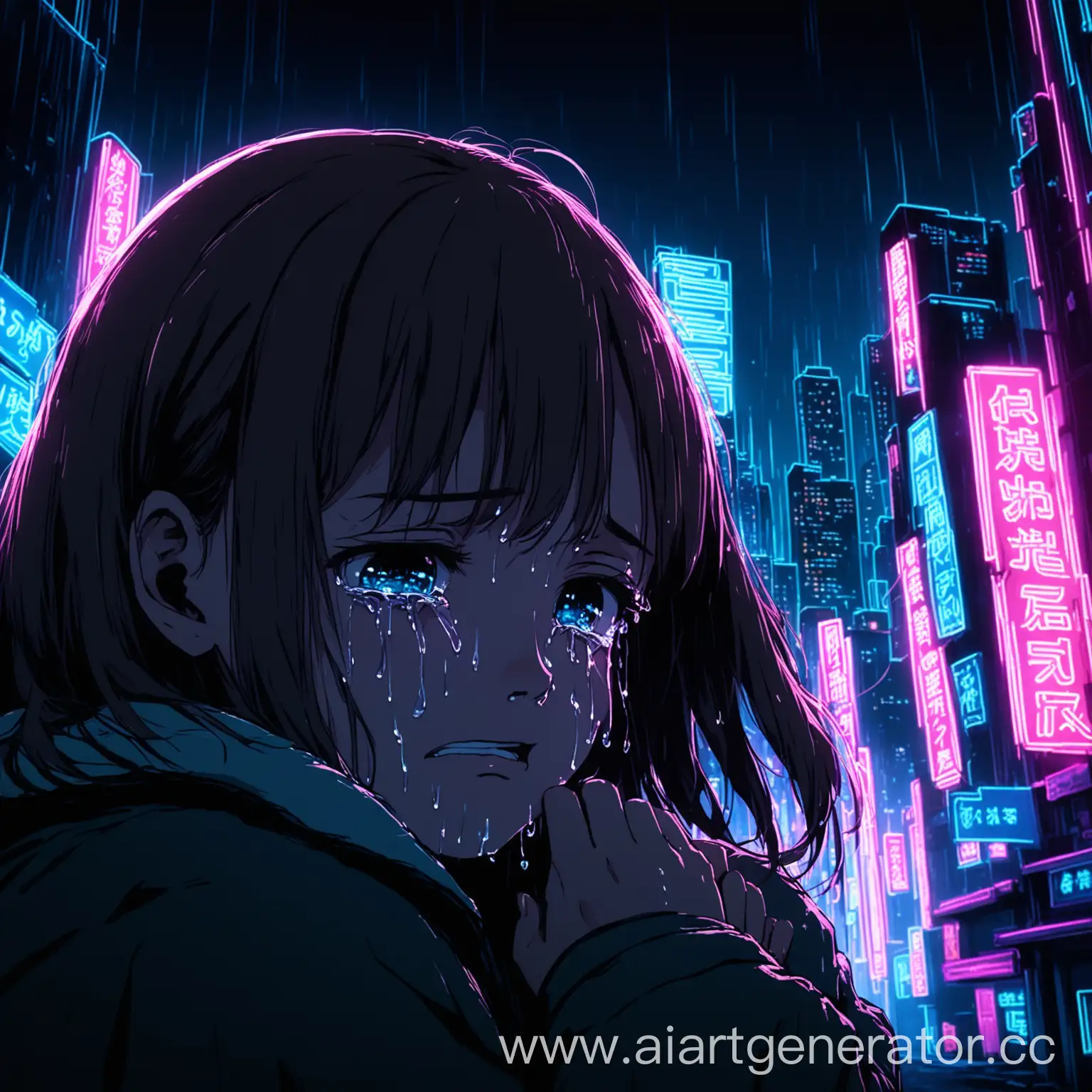 Девушка плачет на фоне ночного неонового города