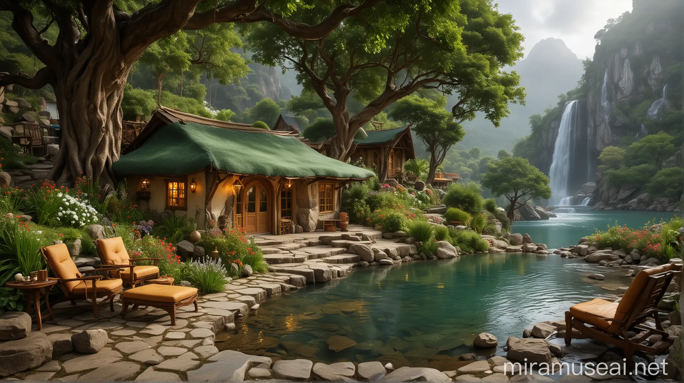 Mountain Waterfall Hut Interior View with Emerald Moonsoon Scenery