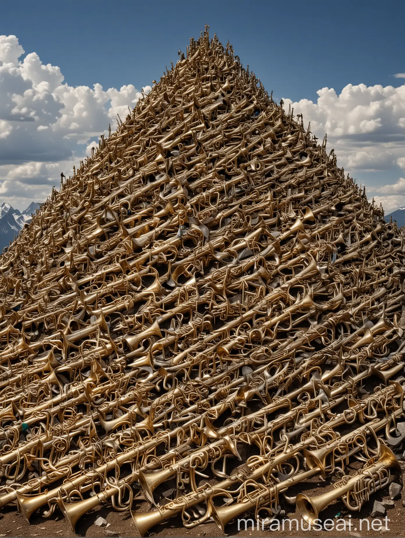 mountain shape, pile made of trumpets and trombones 