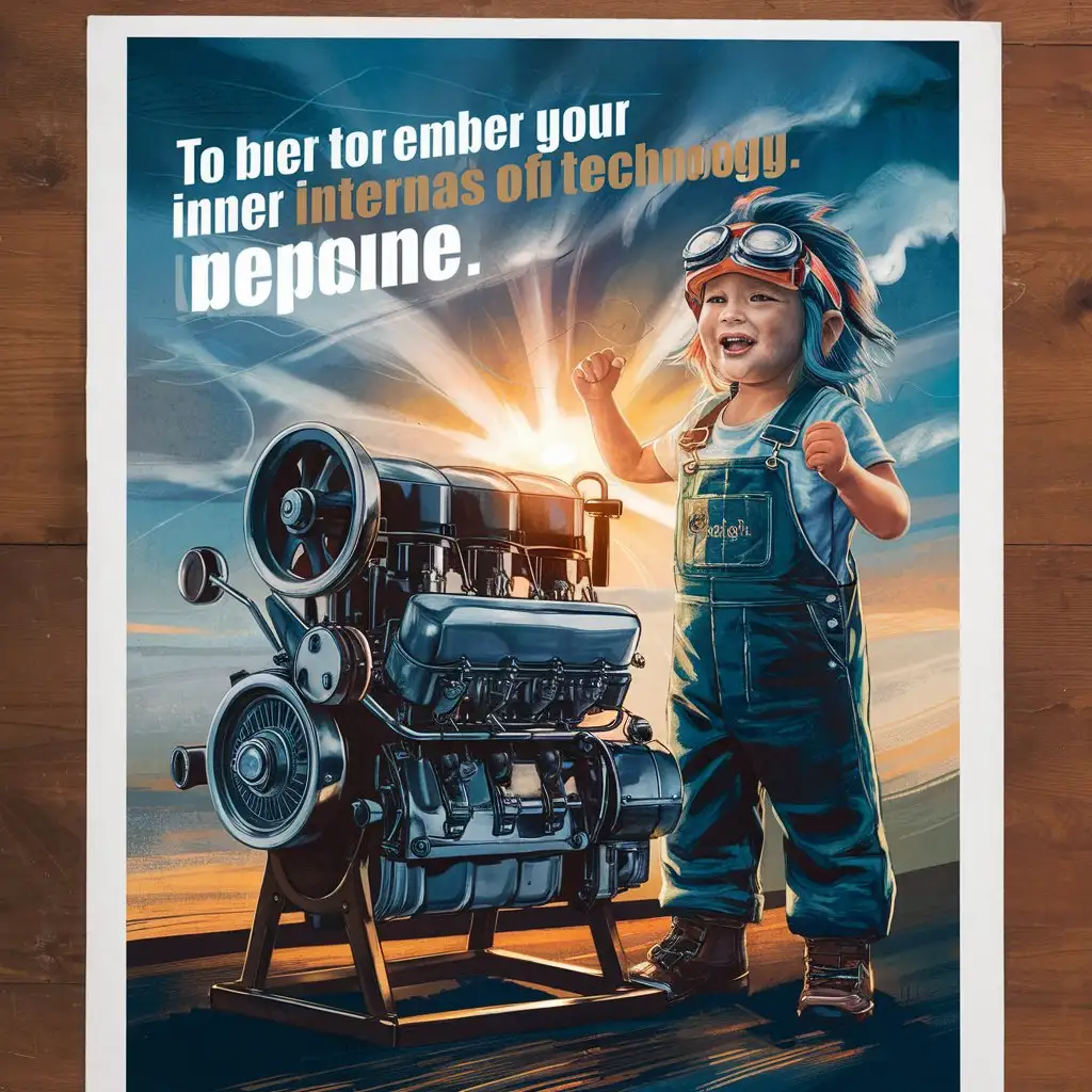 Poster, advertisement, (child with an internal combustion engine)