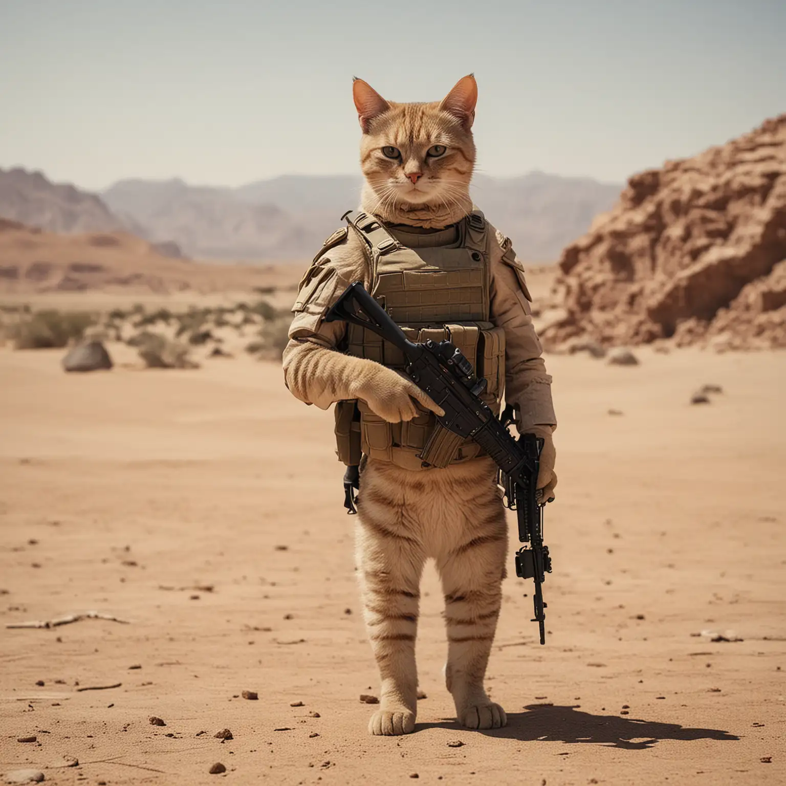 A cat with a body of a human soldier standing in The desert