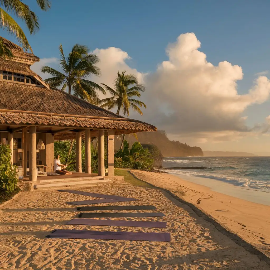A tranquil yoga retreat in Bali with a beach and palm trees.