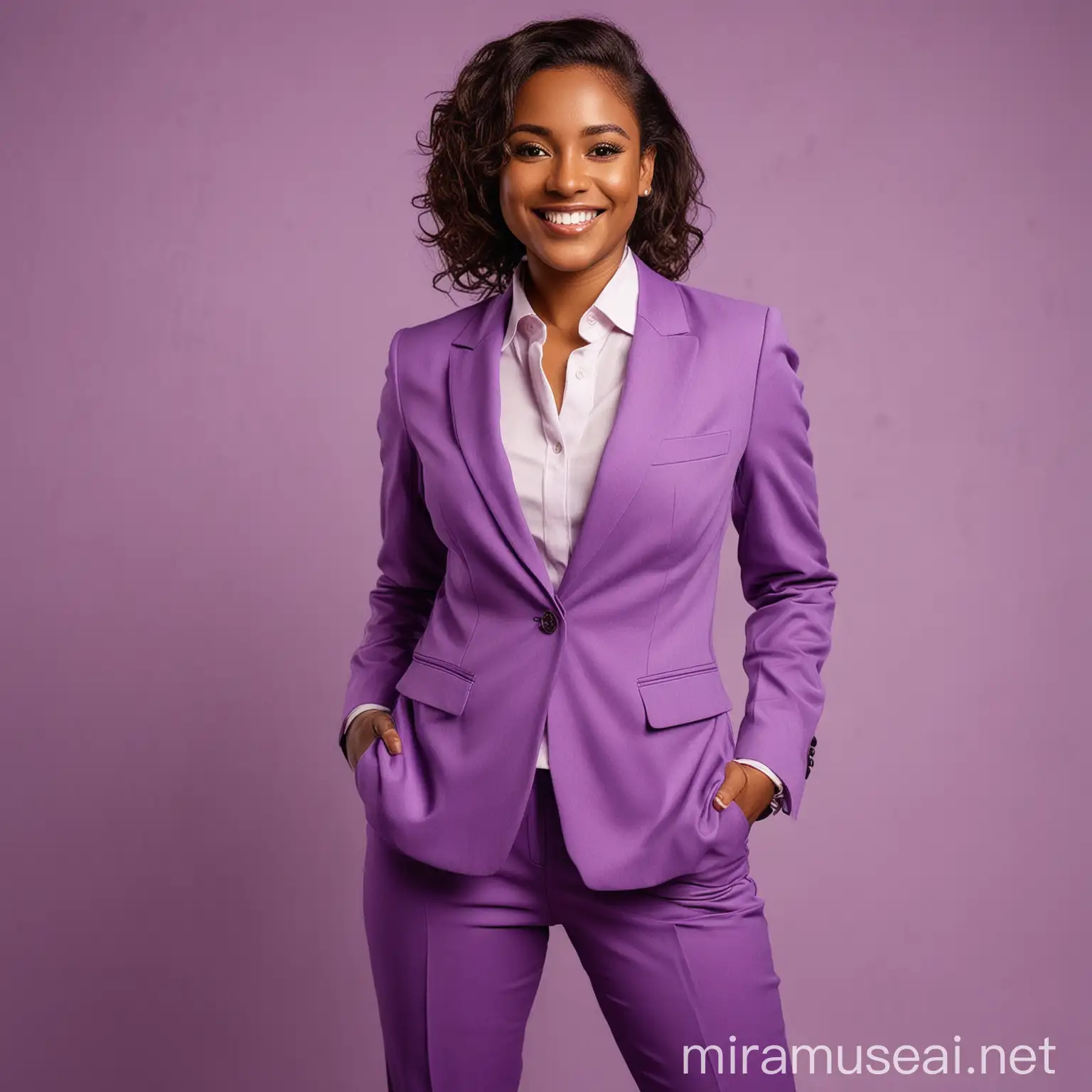 Image of a professional brown skin lady, in purple suit smiling and standing straight