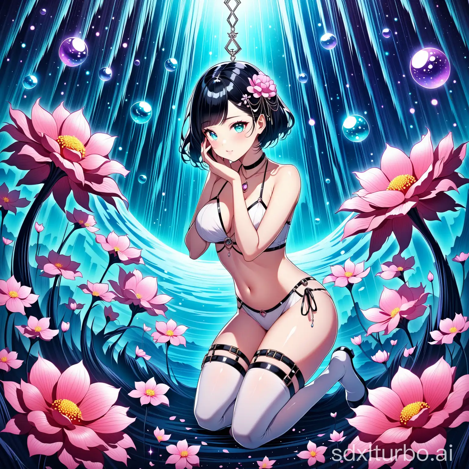 (Han Meimei:0.1),1girl, solo, breasts, looking at viewer, short hair, black hair, thighhighs, navel, underwear, panties, white panties, see-through,kneeling,hand on face,holding, hairpin,Metal ornament,Pendant,jewelry,(Surreal fantasy style,Surreal space,Giant flowers bloom,flowers background, layered art, layered flowers),