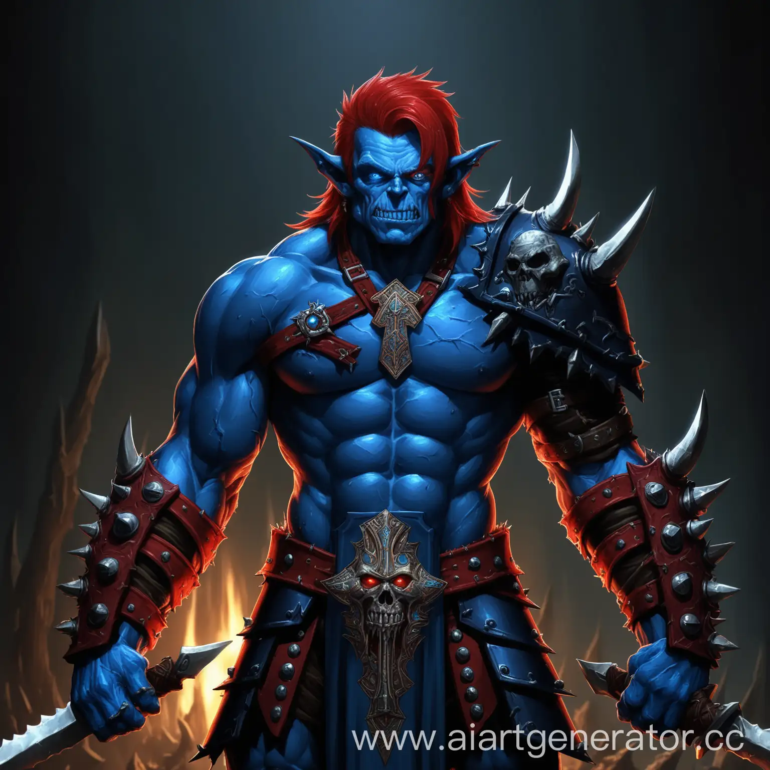 HalfOrc-Humanoid-Warrior-in-Dark-Blue-Armor-with-Seax-and-Talisman