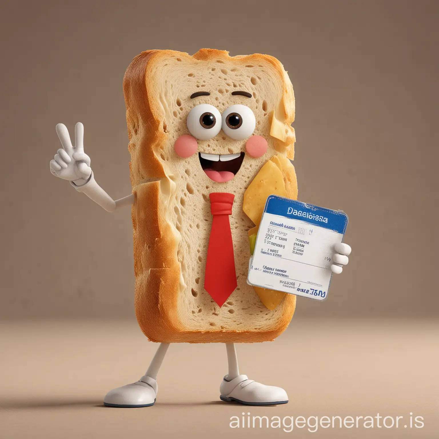 sandwich french baguette as character on 2 legs showing student id card as if the sandwich has a student id card