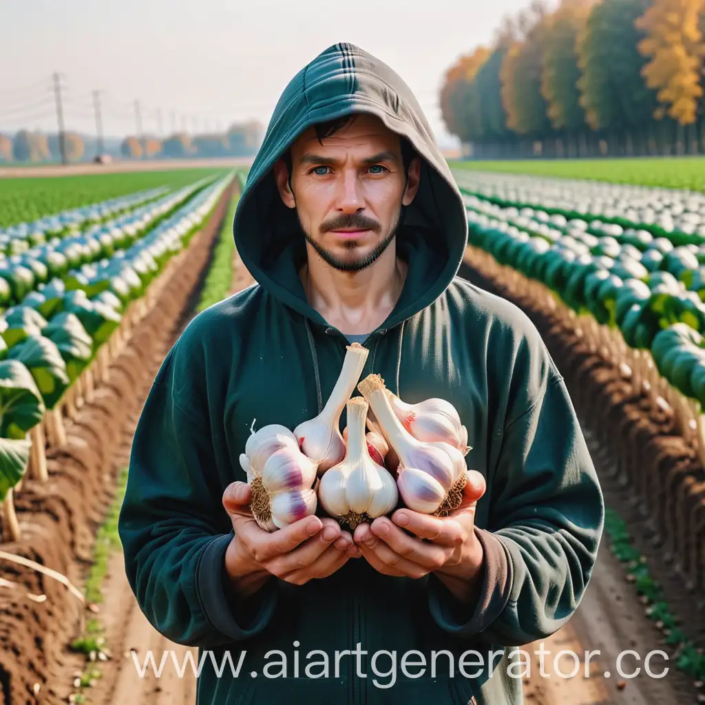 A man, a farmer, holding garlic in his hands, poor clothes, in a hood