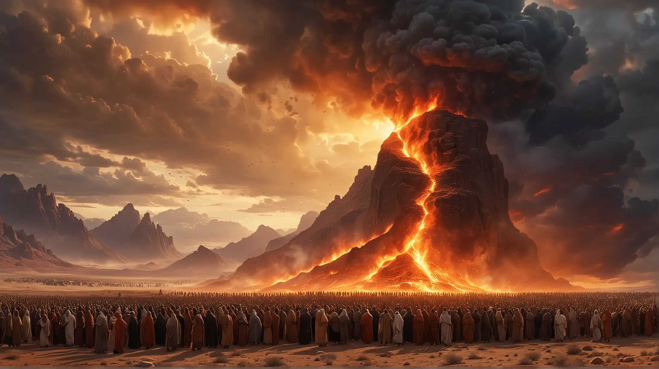 a multitude of people, in a desert, with a firey mountain, and a foreboding sky, during the era of the Biblcal Moses