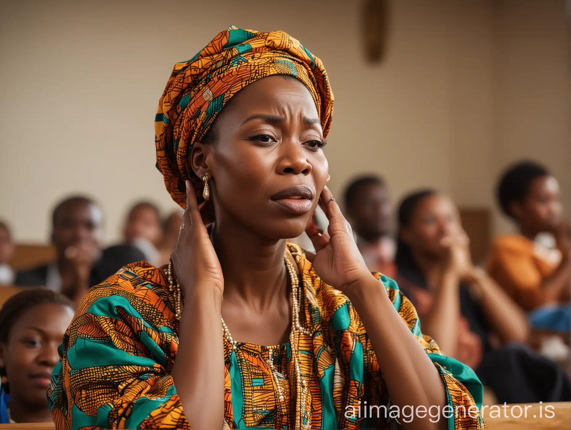 african woman47 years old in african attire crying in town hall meeting