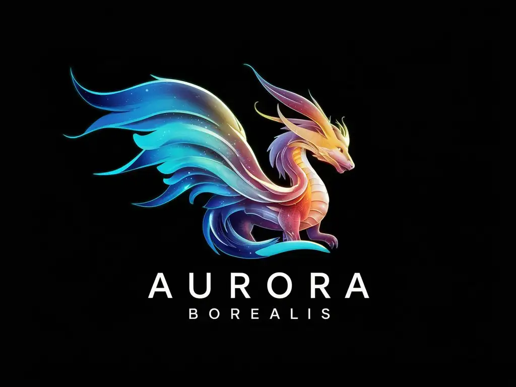 logo, dragon made of aurora borealis lights, black empty background