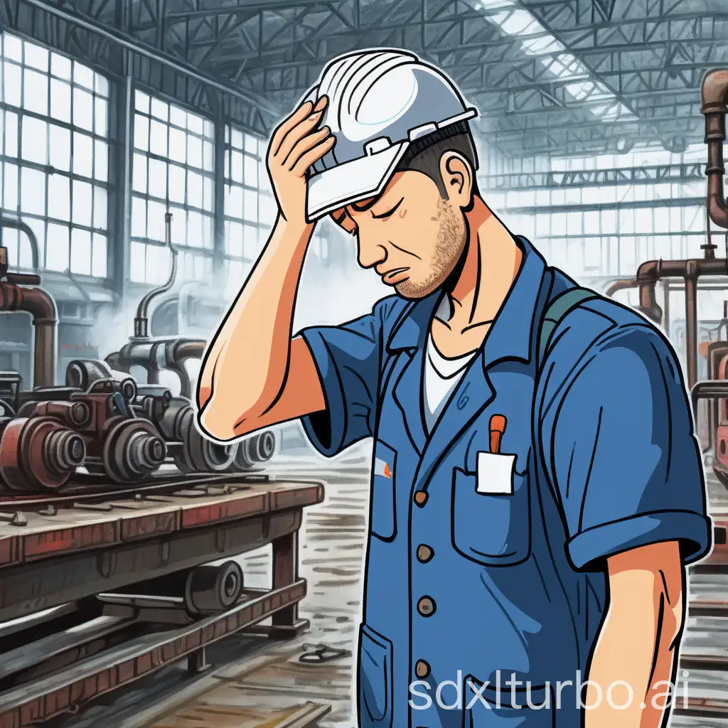 draw an exhausted worker at the factory, wiping sweat off his forehead