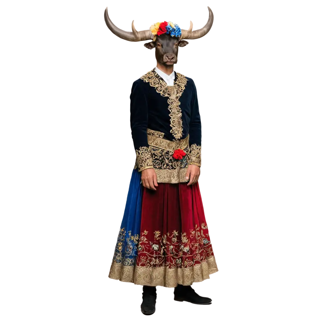 bull dressed in a national Spanish dress, photo, full-length. 