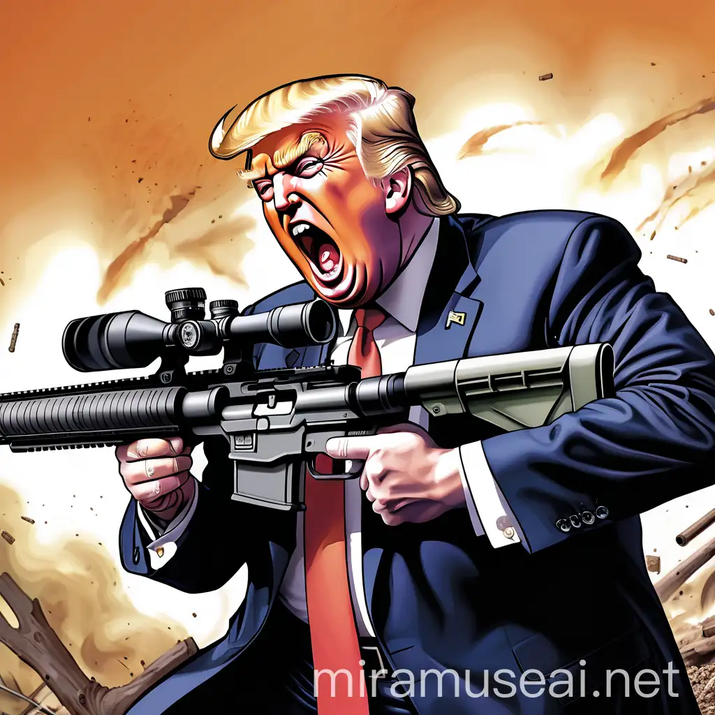 Donald Trump Holding a Sniper Rifle with Intense Expression