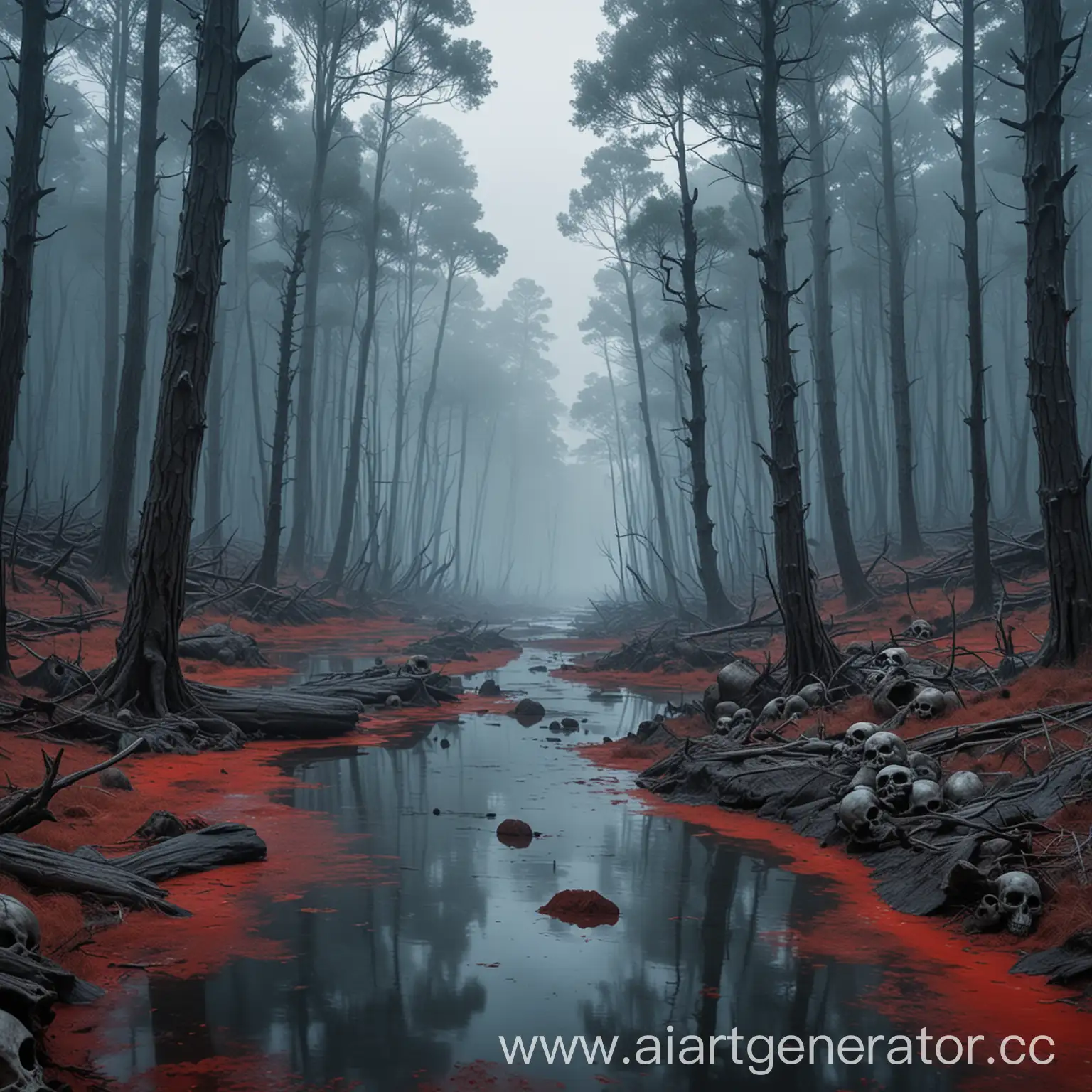 Тёмный густой сосновый лес, окутанный синим туманом, через который прорезается кроваво-красная река, несущая по течению черепа