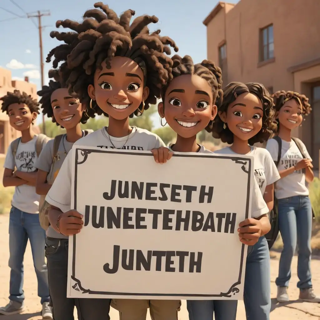 cartoon-style juneteenth teens holding a sign smiling in new mexico
