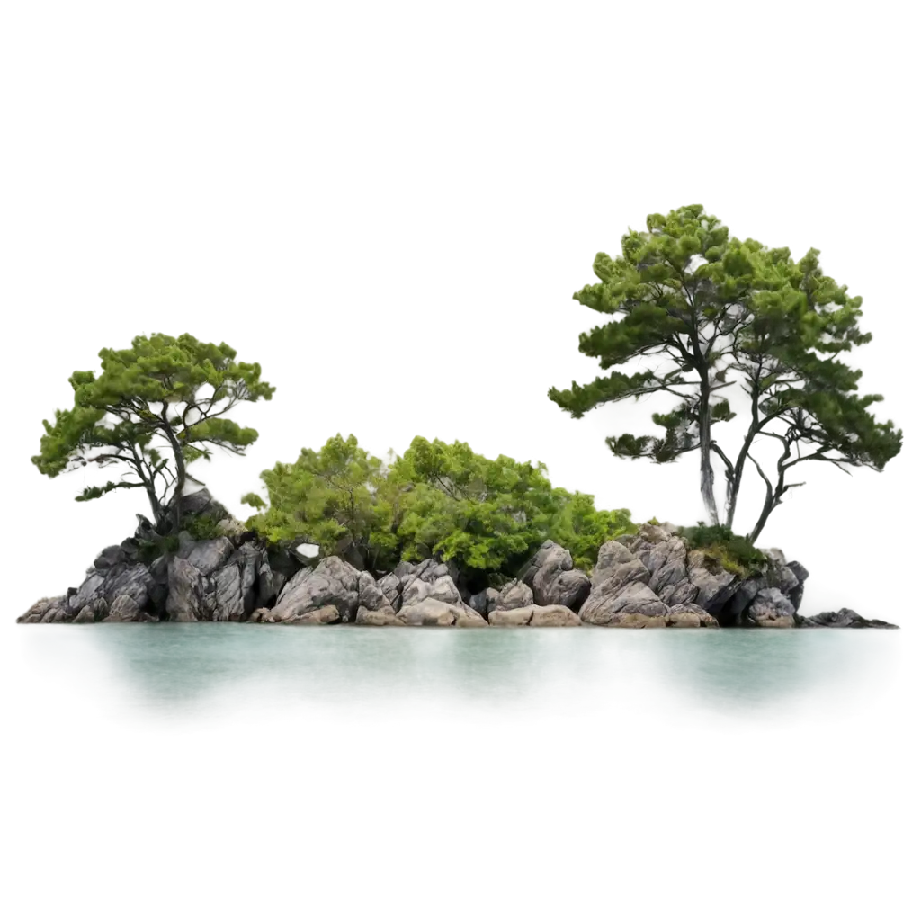 Exquisite-PNG-Image-Majestic-Cluster-of-Trees-Emerging-from-the-Sea-Amidst-Towering-Rocks