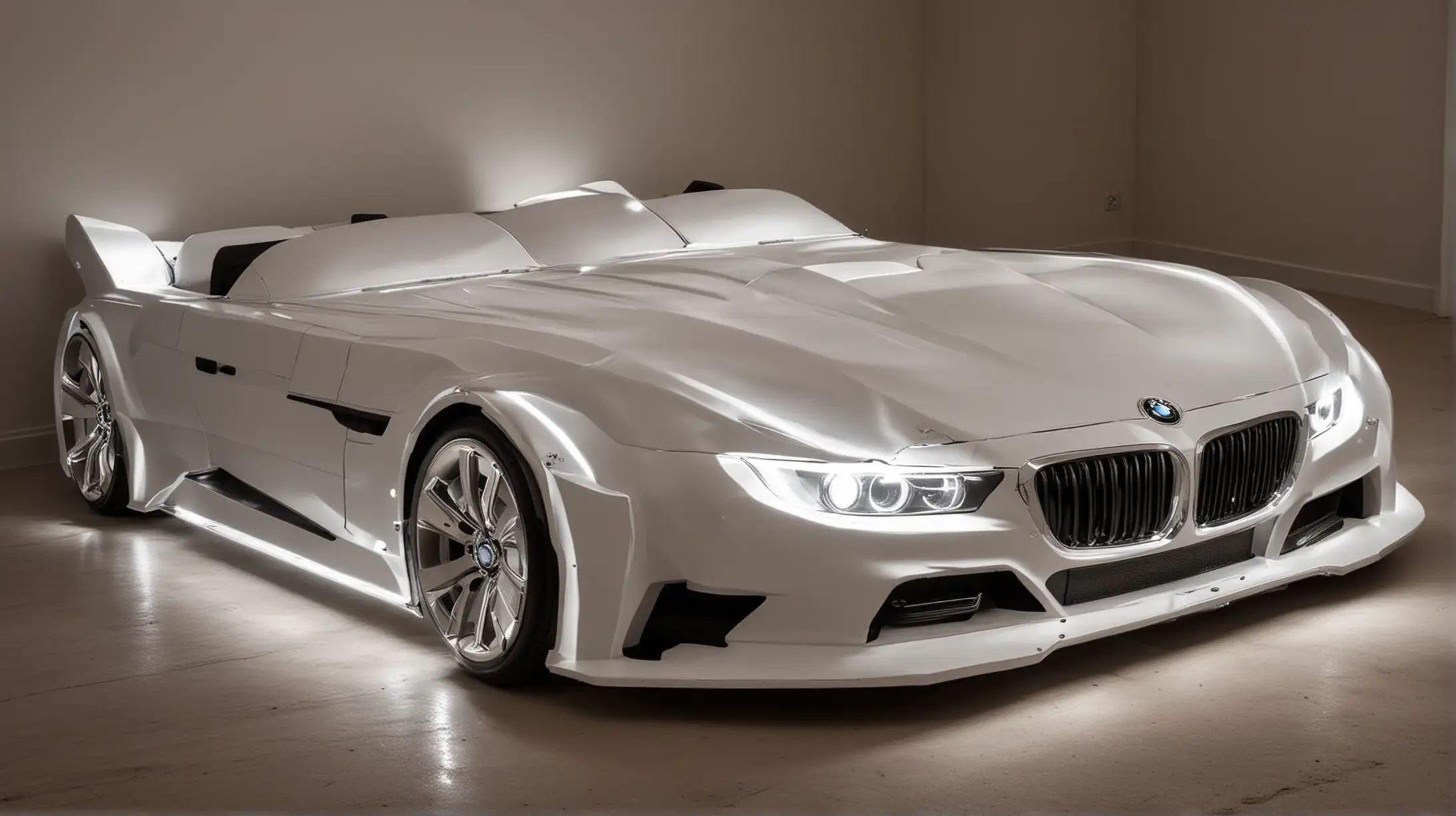 Double bed in the shape of a BMW car with headlights on 