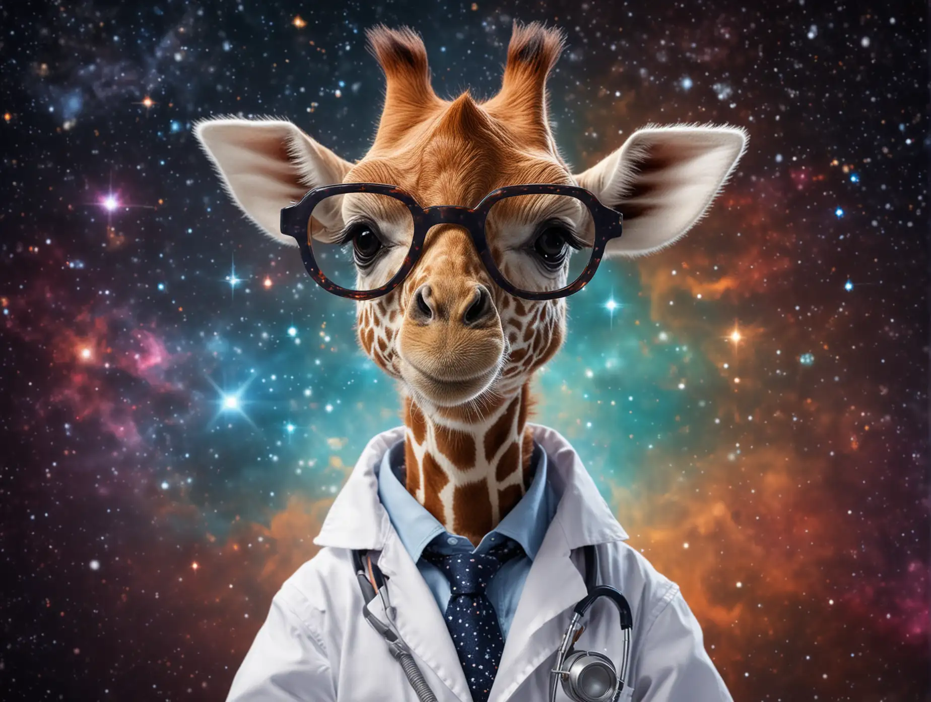 baby Giraffe with glasses dressed as a doctor in the space