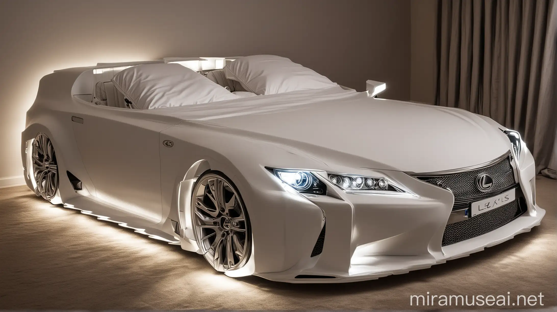 Double bed in the shape of a lexus car with headlights on