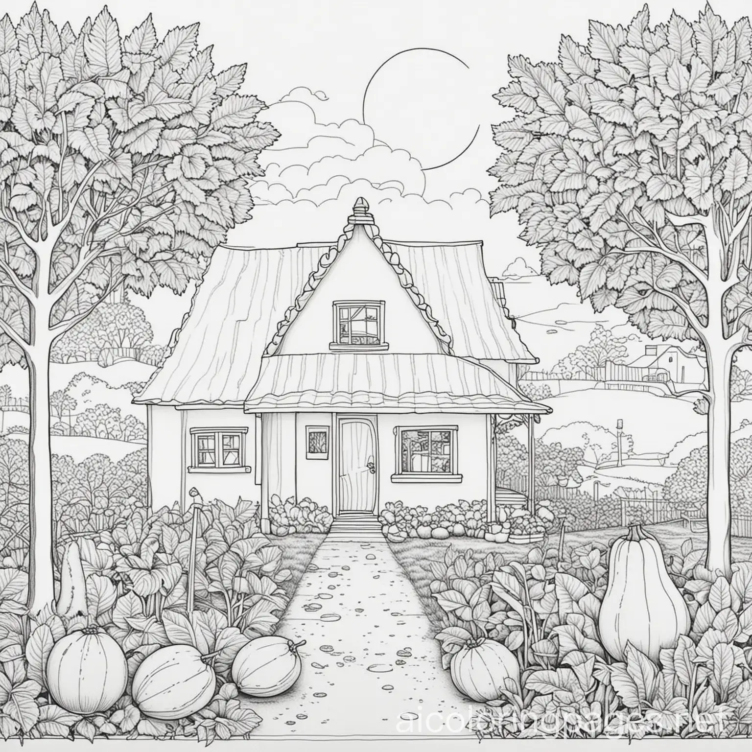 Papaya fruits with trees farm house and pets, Colouring Page, black and white, line art, white background, Simplicity, Ample White Space. The background of the colouring page is plain white to make it easy for young children to colour within the lines. The outlines of all the subjects are easy to distinguish, making it simple for kids to colour without too much difficulty ,, Coloring Page, black and white, line art, white background, Simplicity, Ample White Space. The background of the coloring page is plain white to make it easy for young children to color within the lines. The outlines of all the subjects are easy to distinguish, making it simple for kids to color without too much difficulty