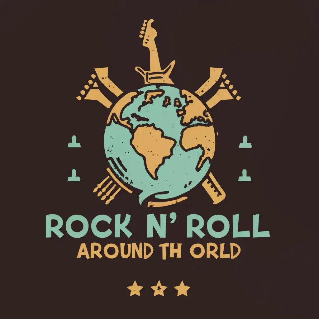 a logo design,with the text "Rock 'n' Roll Around the World", main symbol:globe guitar,Moderate,be used in Entertainment industry,clear background