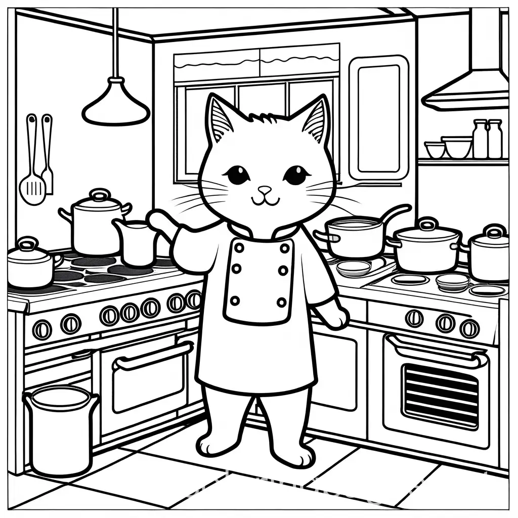 A cute A cat dressed as a chef cooking in a bustling kitchen with pots and pans everywhere. Colouring Page, black and white, line art, white background, Simplicity, Ample White Space. The background of the colouring page is plain white to make it easy for young children to colour within the lines. The outlines of all the subjects are easy to distinguish, making it simple for kids to colour without too much difficulty ,, Coloring Page, black and white, line art, white background, Simplicity, Ample White Space. The background of the coloring page is plain white to make it easy for young children to color within the lines. The outlines of all the subjects are easy to distinguish, making it simple for kids to color without too much difficulty