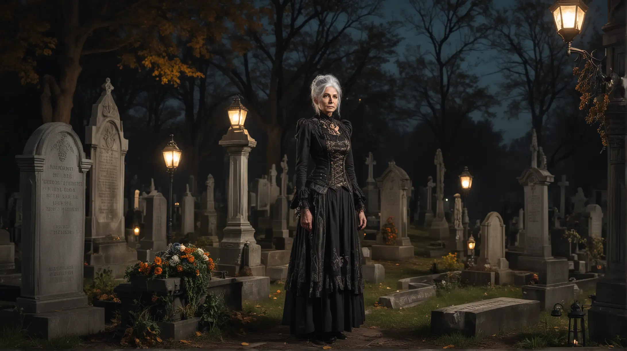 a very old steampunk woman with grey hair, in elegant steampunk dress stands in front of an old grave at a local cemetery, late night, few lanterns are on, good weather