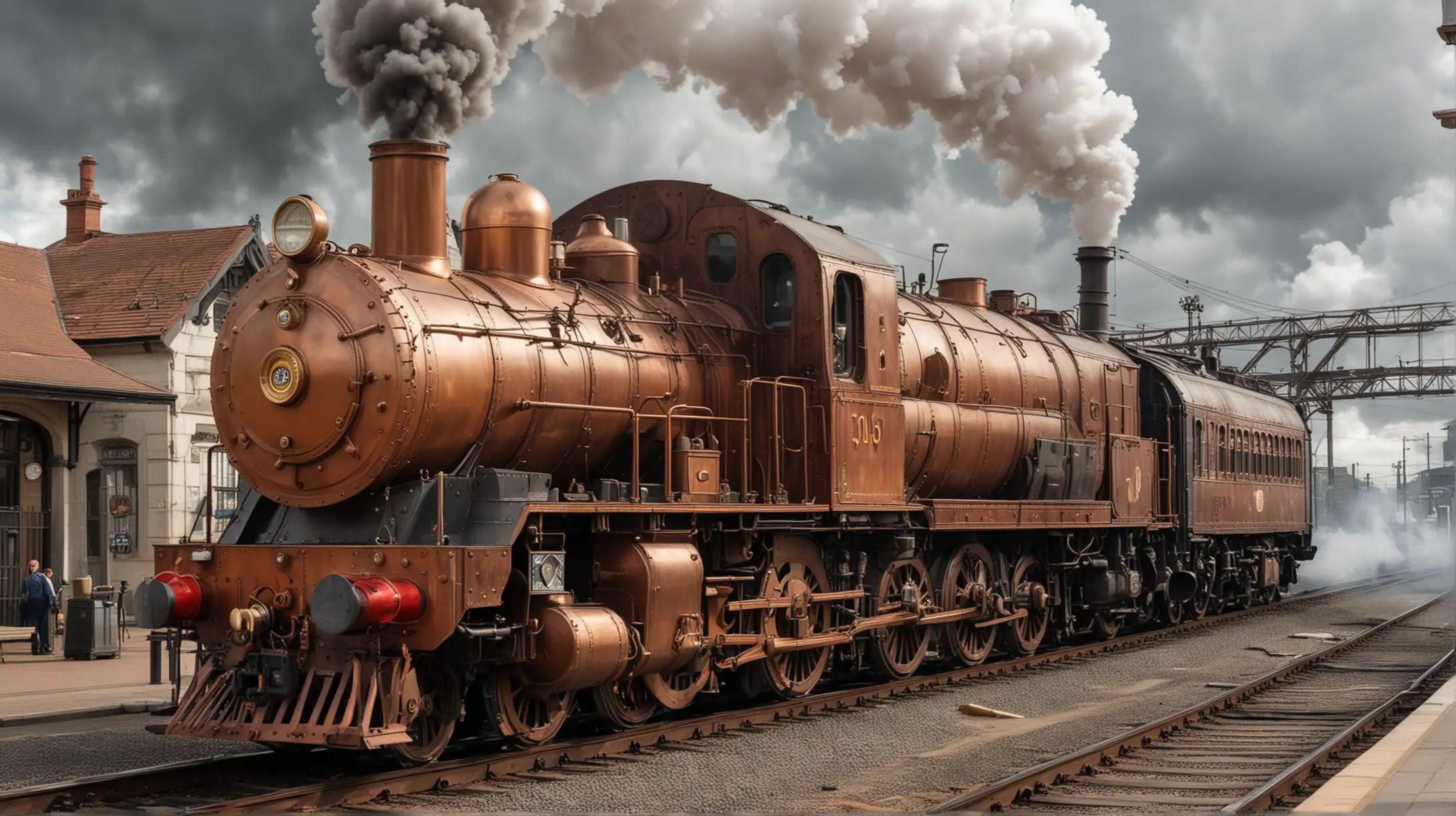 A very big steampunk diesel locomotive waits near a semaphore waiting for entering a steampunk railway station, much steam and smoke, the locomotive is made of copper and brass, cloudy