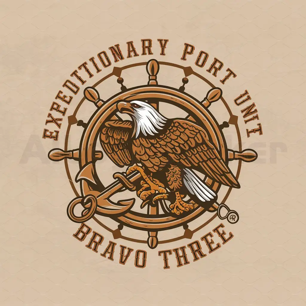 a logo design,with the text "Expeditionary Port Unit Bravo Three", main symbol:vintage eagle and anchor with ships wheel around,Moderate,clear background