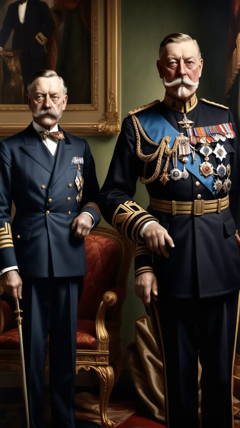 
Style: Blend of classic royal portraits with a touch of modern photorealism.

Subject: Focus King George V, and his grandfather German monarch, Kaiser Wilhelm II.  
